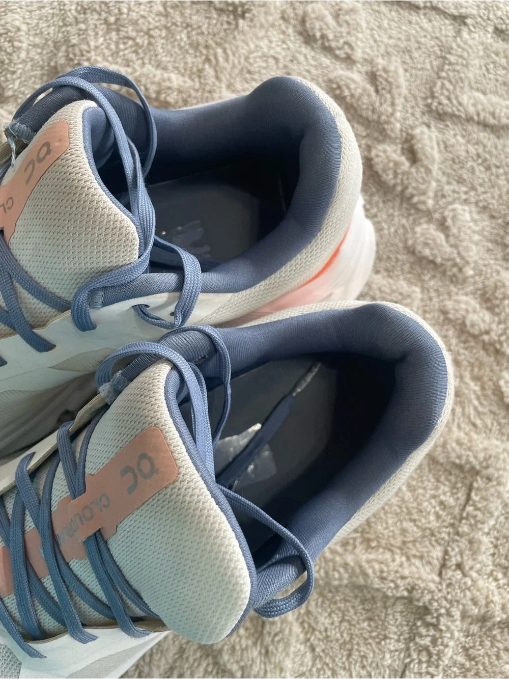 On Cloud - CloudRunning  White Sneakers with Slate Blue and Coral Accents. Sz 9